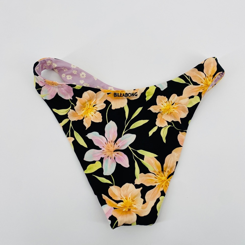 Billabong Bikini Bottoms Womens Medium Black Purple Reversible Floral High Leg - Picture 2 of 4